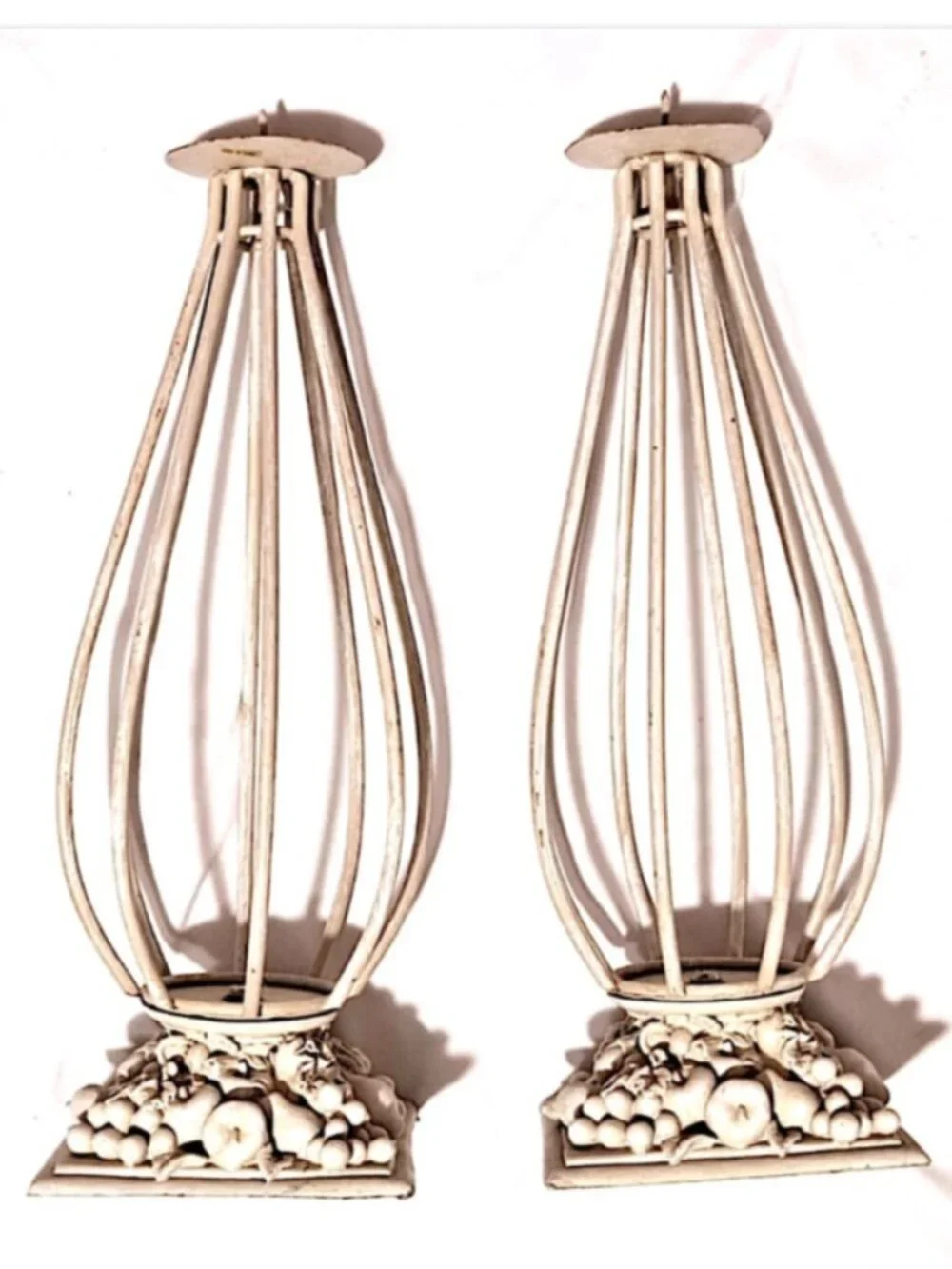 Pair Vintage Metal Wire Candle Holders 13.5” Tall White Fruit Base Decor